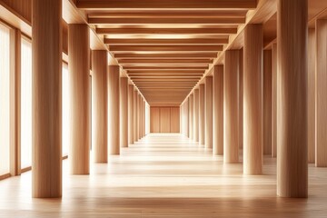 Fototapeta premium Wooden interior, a symmetrical corridor with rectangular columns, a light wood floor, sunlight shining through the ceiling, a minimalist architectural style