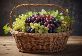 Handmade wicker basket filled with assorted grape varieties, delicacy, gourmet, vine ripened