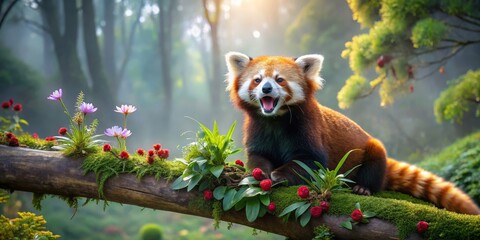 Fototapeta premium Playful Red Panda Surrounded by Colorful Flowers in a Forest