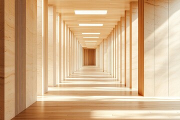 Obraz premium Wooden interior, a symmetrical corridor with rectangular columns, a light wood floor, sunlight shining through the ceiling, a minimalist architectural style