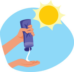 Hand Squeezing a Sunscreen Blocking Lotion Vector Concept Design. Cautious woman using sunblock cream to prevent skin cancer 