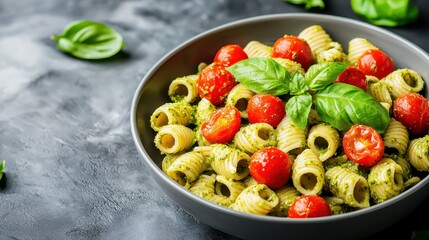 A vibrant bowl of pasta with pesto, cherry tomatoes, and fresh basil, set against a dark backdrop.