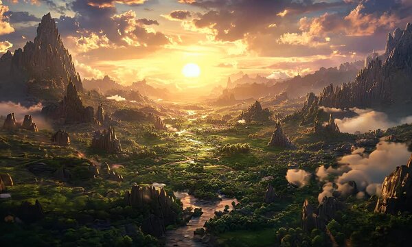 Pixelated Landscape Valley Sunset View
