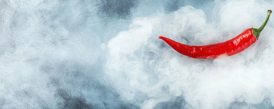 Close-up of a bold red chili pepper emerging through soft, billowing smoke, symbolizing heat and intensity