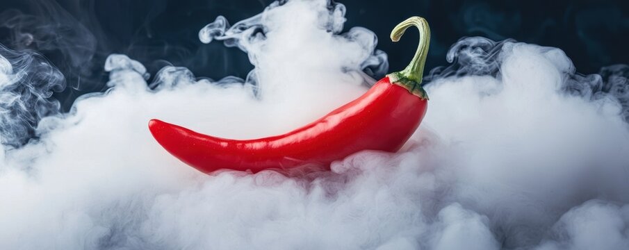 Close-up of a bold red chili pepper emerging through soft, billowing smoke, symbolizing heat and intensity