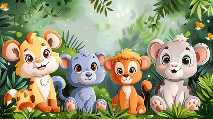 Naklejka premium Adorable Baby Animals in Lush Jungle Cute Cartoon Lion Bear Leopard and Monkey Illustration