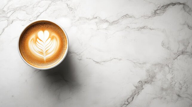 A beautifully crafted latte art in a coffee cup on a marble countertop with soft lighting