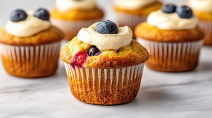 Delicious cupcakes topped with creamy frosting and fresh blueberries, perfect for any dessert table or special occasion.