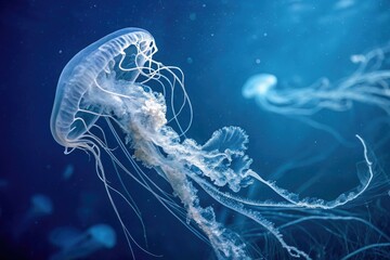 Indigo-blue gradient background with a blurred abstract pattern of swirling shapes and wispy tendrils, cosmic vibes, swirling clouds, soft focus effects, ethereal masses