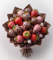 Chocolate-dipped strawberry bouquet with assorted chocolates on a pastel background