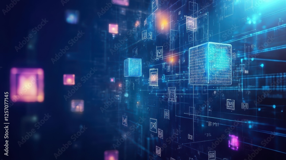 Poster digital image of a building set against a blue and purple abstract background