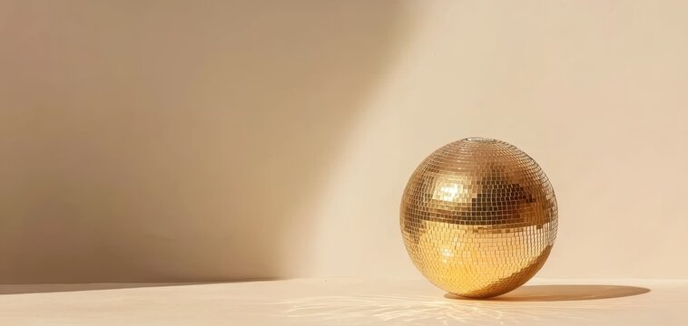 Luxurious gold-toned disco ball glowing softly as warm lights dance around the room, evoking celebration and style
