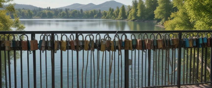 Iron fence with multiple padlocks surrounding a serene lake, landscape, boat, nature