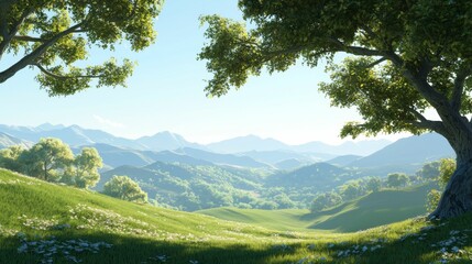 Fototapeta premium Serene Landscape with Lush Green Hills and Majestic Mountains Under Clear Blue Sky