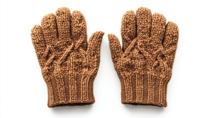 Knitted brown gloves, top view, on white background, for winter use