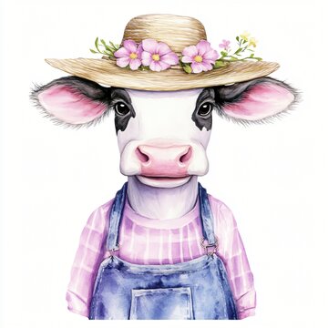 Adorable Watercolor Cow in Straw Hat and Pink Overalls Farm Animal Illustration