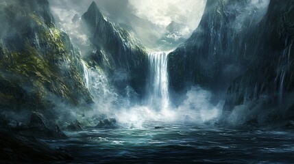 Obraz premium Majestic Waterfall Crashing into a Fjord Amidst Misty Mountains