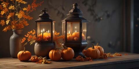 Lanterns in a vase or container with an assortment of small autumnal pumpkins, warm and cozy, lanterns in containers