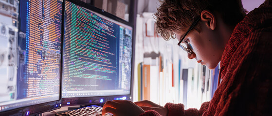 A focused individual works on coding at a computer, illuminated by screens displaying colorful lines of code in a dimly lit environment.