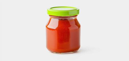Modern product shot of a jar of red tomato sauce, with a bright green lid and reflective glass surface, against a pure white backdrop for clarity