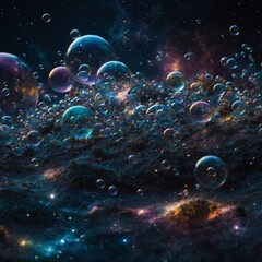 "A surreal fantasy scene where floating soap bubbles contain miniature galaxies, shimmering in deep space with twinkling stars."