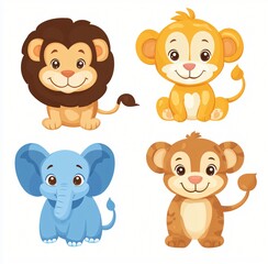 Fototapeta premium Adorable Cartoon Lion Monkey and Elephant Illustrations Perfect for Kids Books Cards and Prints