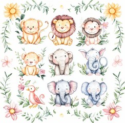 Adorable Watercolor Animals Lions Elephants Bird Jungle Nursery Decor Cute Cartoon Wildlife