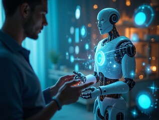 People interact with AI assistants in the smart home. Holographic interfaces and robot assistants