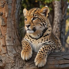 Obraz premium Leopard cub curled up on tree trunk with paw dangling down and fur fluffed, tree trunk, fur fluffed, leopard cub