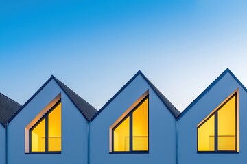 Row of modern white houses with sharp triangular roofs and illuminated windows at twilight, creating a serene suburban scene