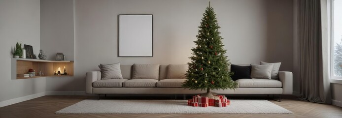 Long shot of a fir Christmas tree in a modern room , room, furniture, decoration
