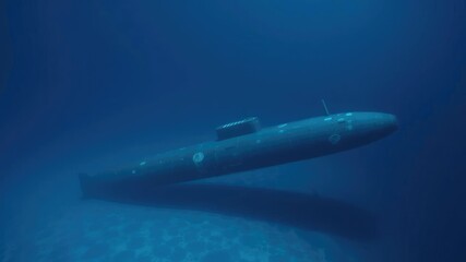 Fototapeta premium Long cylindrical submarine partially submerged in ocean water, atomic energy, ocean depths, submersible ship