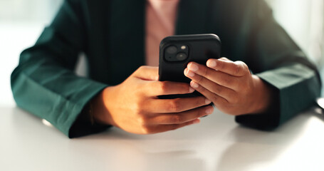 Internet, online and hands typing with phone for promo shopping, user experience or website scroll....