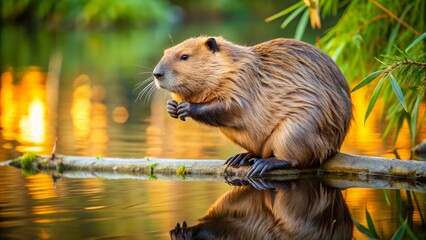Close-Up of Beaver Sitting on Log by Calm Water in Natural Habitat