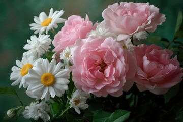 Elegant Arrangement of Pink Roses and White Daisies in Bloom