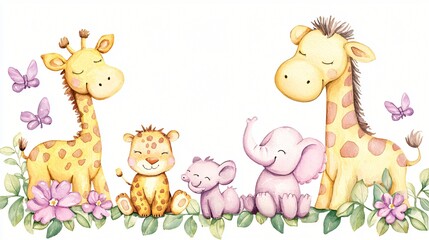 Obraz premium Adorable Watercolor Safari Animals Giraffes Elephant Leopard Baby Animals Flowers Butterflies