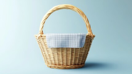 Obraz premium Light Blue Checkered Cloth Over Wicker Basket
