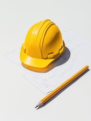 Construction planning tools yellow hard hat and pencil on blueprint industrial workspace flat lay view creative design