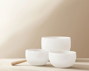 Sound therapy focus in a spa setting, featuring glowing crystal singing bowls and soft, warm light, exuding peace and relaxation