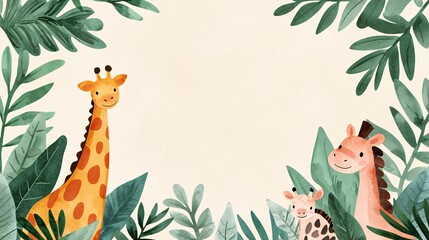 Fototapeta premium Adorable Giraffe Family Illustration with Tropical Leaves Watercolor Style Jungle Animals