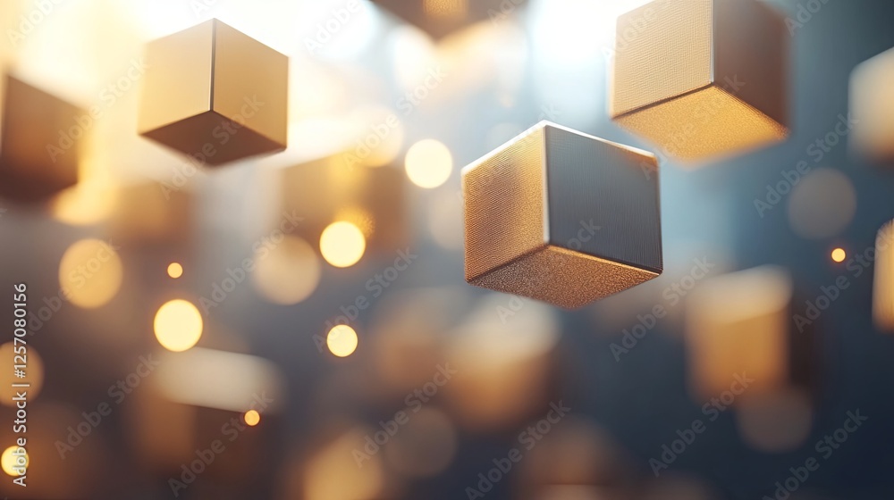Poster floating golden cubes in soft light create a captivating visual display in an abstract setting