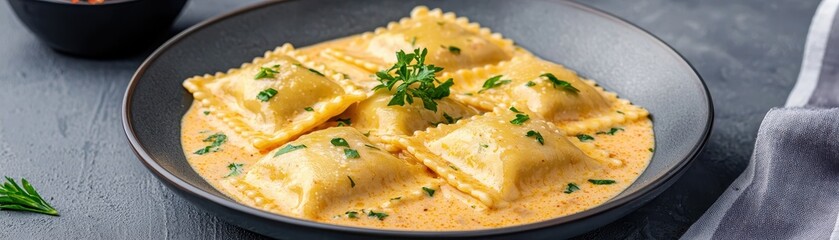A delicious plate of ravioli in creamy sauce, garnished with herbs, served in a stylish bowl against a simple background.