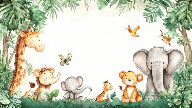 Fototapeta Adorable Watercolor Safari Animals Elephant Giraffe Lion Jungle Tropical