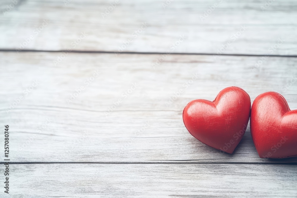 Poster two red hearts placed on a rustic wooden table in a warm and inviting arrangement for romantic theme