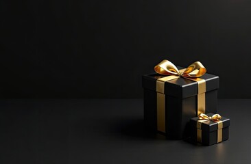 Luxurious Black Gift Boxes with Gold Ribbon on Dark Background, , black Friday sale atmosphere, copy space