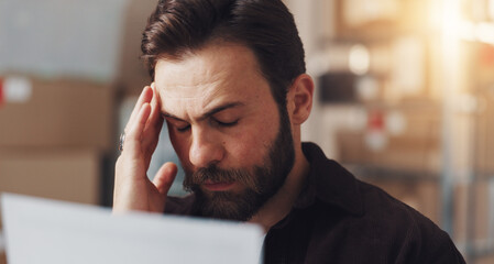 Frustrated man, headache and stress with documents for tax inflation, shipping costs or freight delay at warehouse. Businessman, distributor or employee with migraine or paperwork for supplier issue
