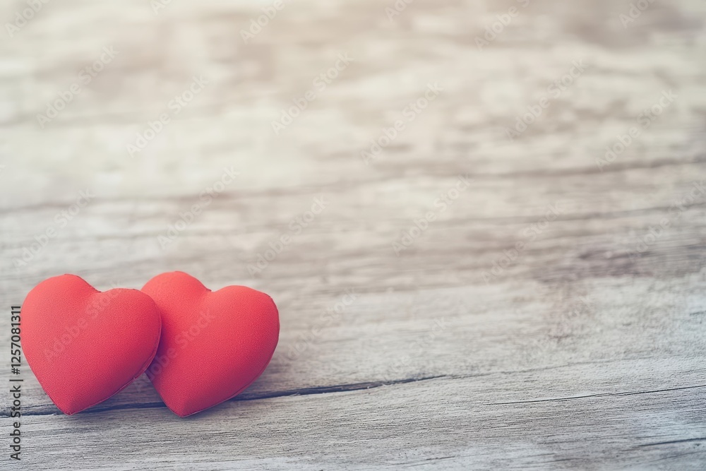 Poster Two red hearts placed on a rustic wooden table with natural texture and pattern
