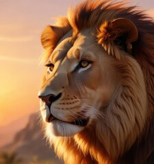 Fototapeta premium Majestic lion with reddish-brown mane gazing toward vibrant orange sunset , grasslands, wildlife