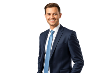 Portrait of a confident businessman in suit, smiling on face, isolated on transparent background