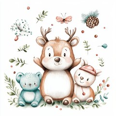 Naklejka premium Adorable Watercolor Illustration of Reindeer Bear and Bunny in Woodland Setting